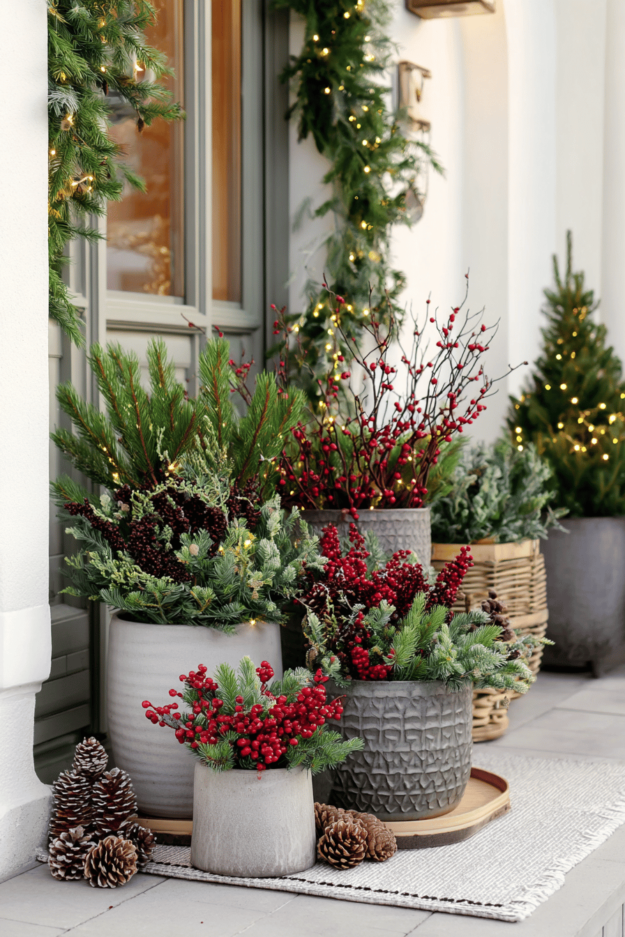Weihnachtlich dekorierte Pflanztöpfe mit Tannengrün, roten Beeren und Lichterketten vor einem Hauseingang