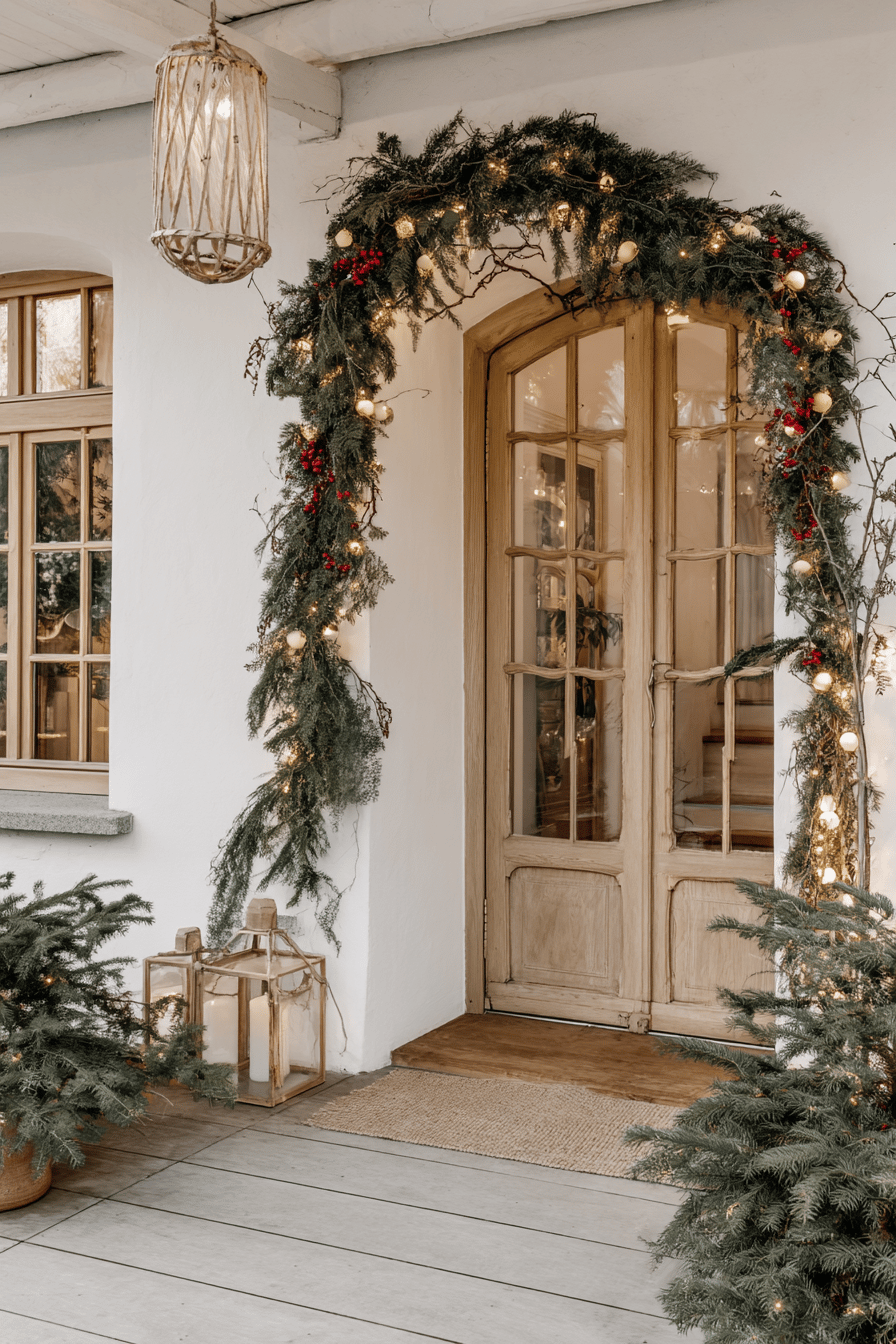 Weihnachtlich dekorierter Eingangsbereich mit einem Bogengesteck aus Tannenzweigen, Lichtern und roten Beeren