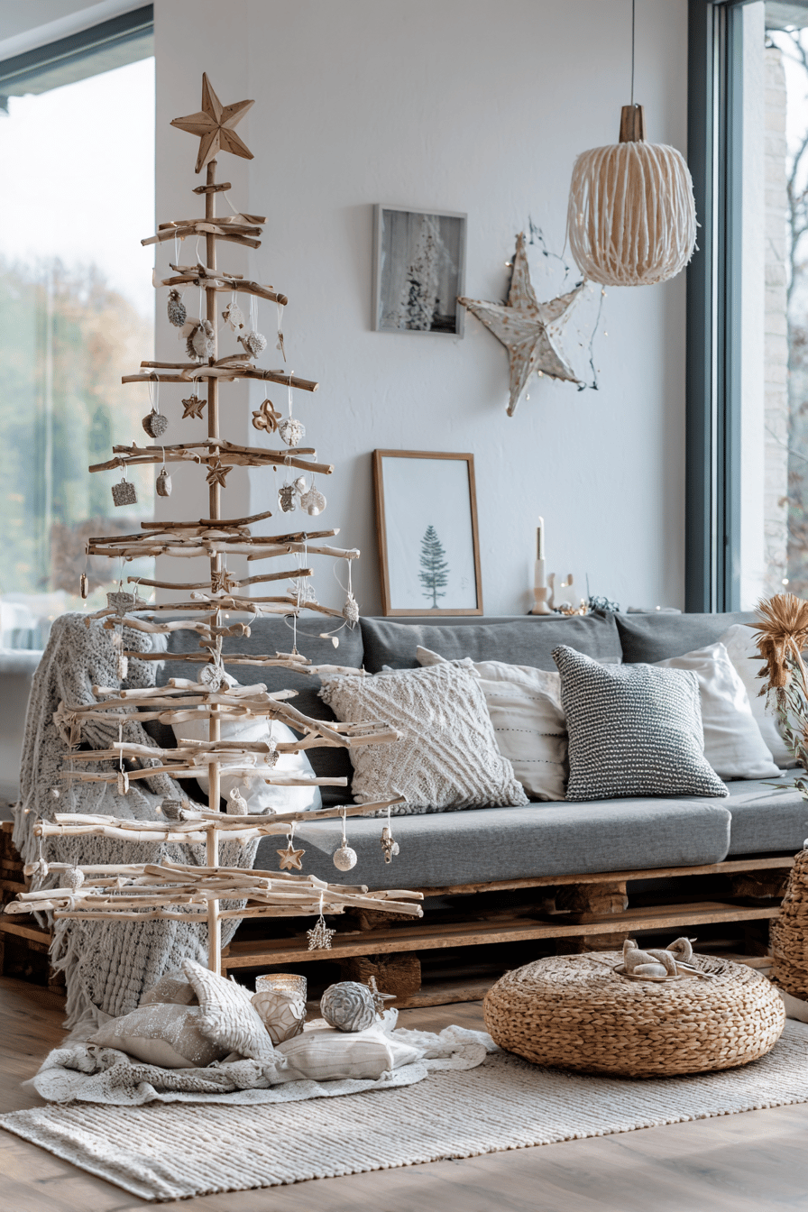 Selbstgebauter Weihnachtsbaum aus Holzästen mit hängenden Anhängern im gemütlich dekorierten Wohnzimmer
