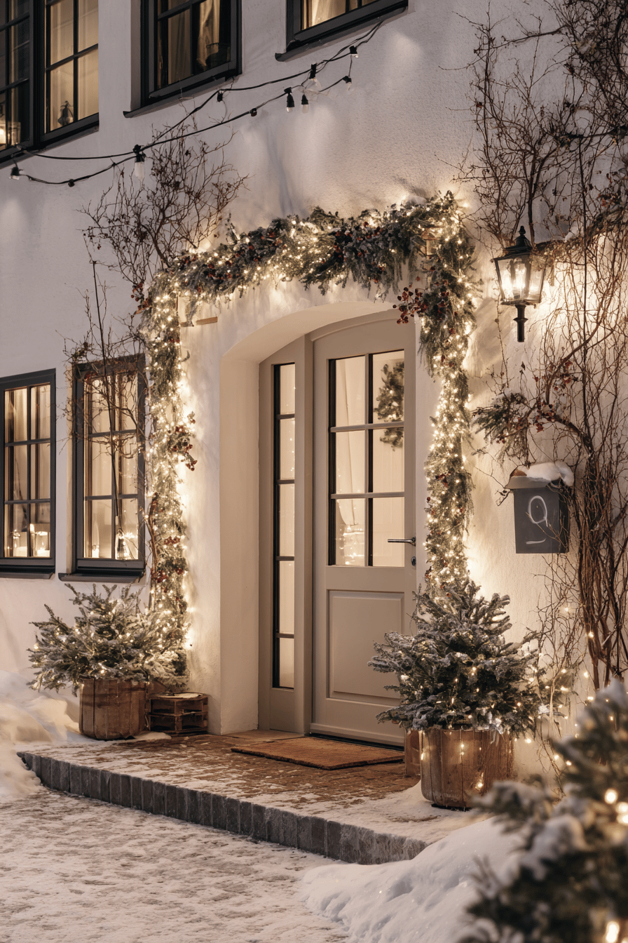 Weihnachtlich geschmückter Hauseingang mit Lichterketten, Tannenbäumen und leuchtender Hausnummer