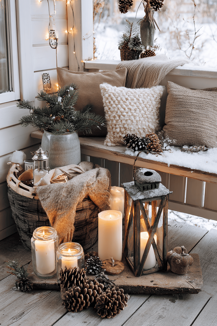 Winterliche Außendekoration mit Kerzen, Kissen, Tannenzapfen und Lichterkette auf einer Veranda