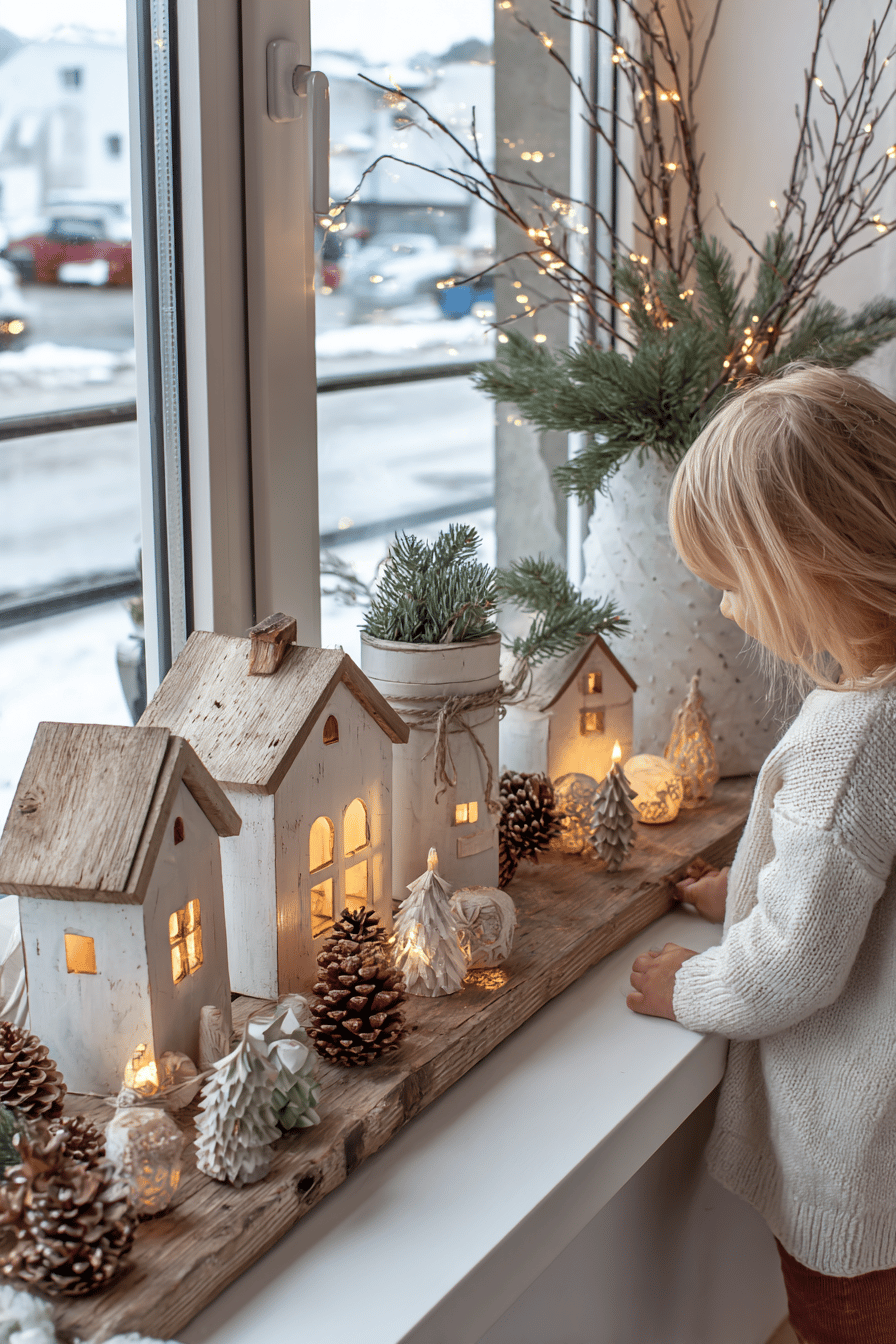 Kind betrachtet dekoratives Weihnachtsdorf aus Holzhäusern, Lichtern und Tannenzapfen auf Fensterbank