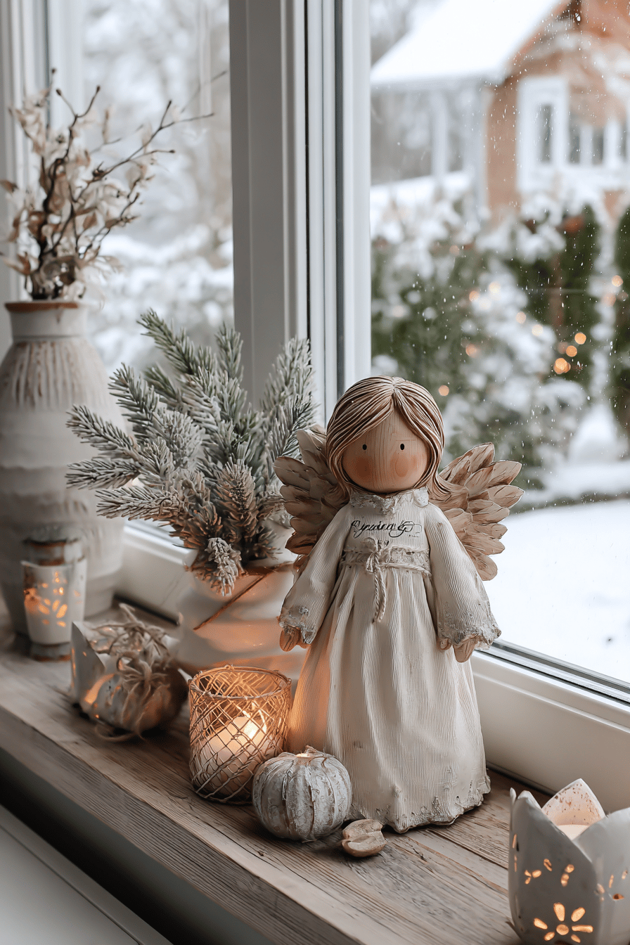 Deko-Engel im Vintage-Stil vor winterlichem Fenster mit Kerzen und Tannenzweig