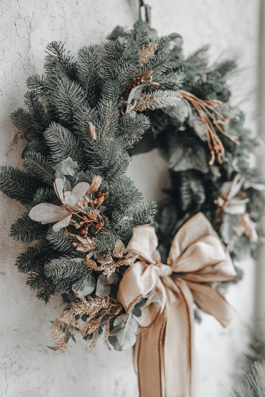 Dekorativer Weihnachtskranz aus Tannenzweigen mit Schleife, goldenen Elementen und getrockneten Blättern an einer Wand hängend