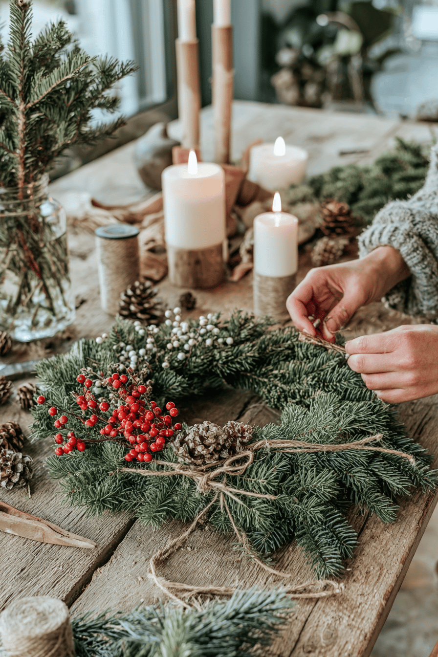 Eine Person bastelt einen Weihnachtskranz aus frischen Tannenzweigen, mit roten Beeren, Zapfen und Kerzendeko im Hintergrund