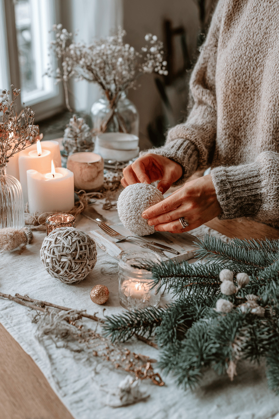 Person bastelt aus weichem Material eine Weihnachtskugel an einem weihnachtlich dekorierten Tisch