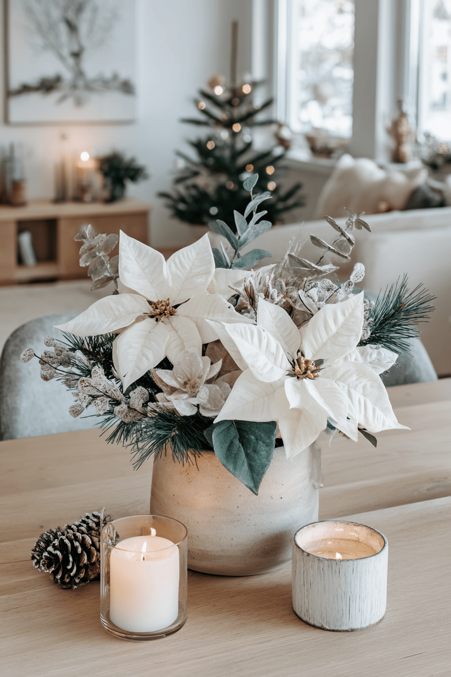 Weihnachtlich dekorierter Keramiktopf mit weißen Weihnachtssternen und Tannenzweigen auf einem Holztisch, umgeben von Kerzen