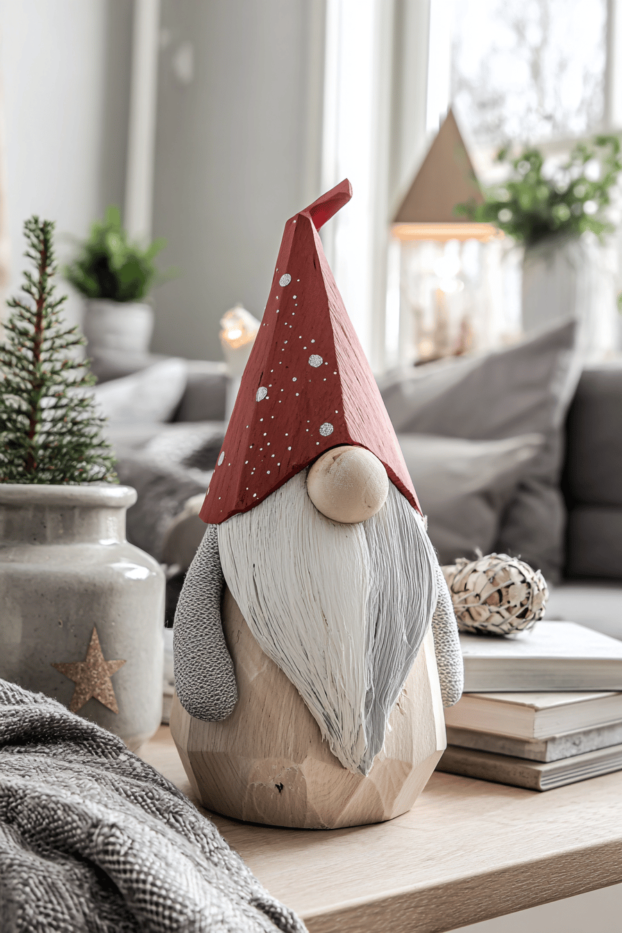Handgefertigter Weihnachtswichtel aus Holz mit roter Zipfelmütze auf einem Wohnzimmertisch