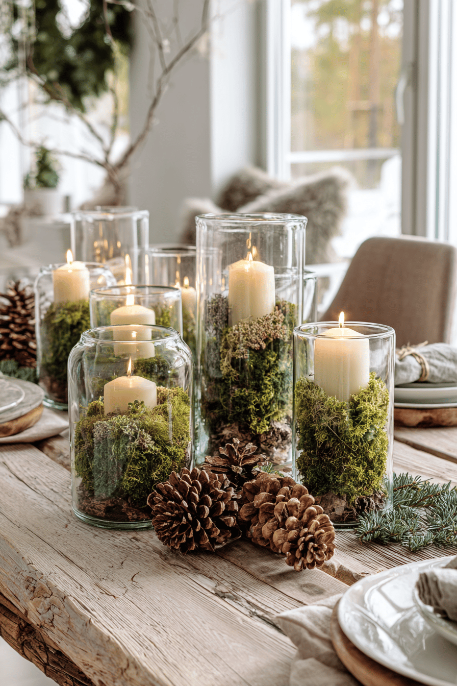 Winterliche Tischdeko mit Windlichtern im Glas, gefüllt mit Moos und Kerzen, auf rustikalem Holz