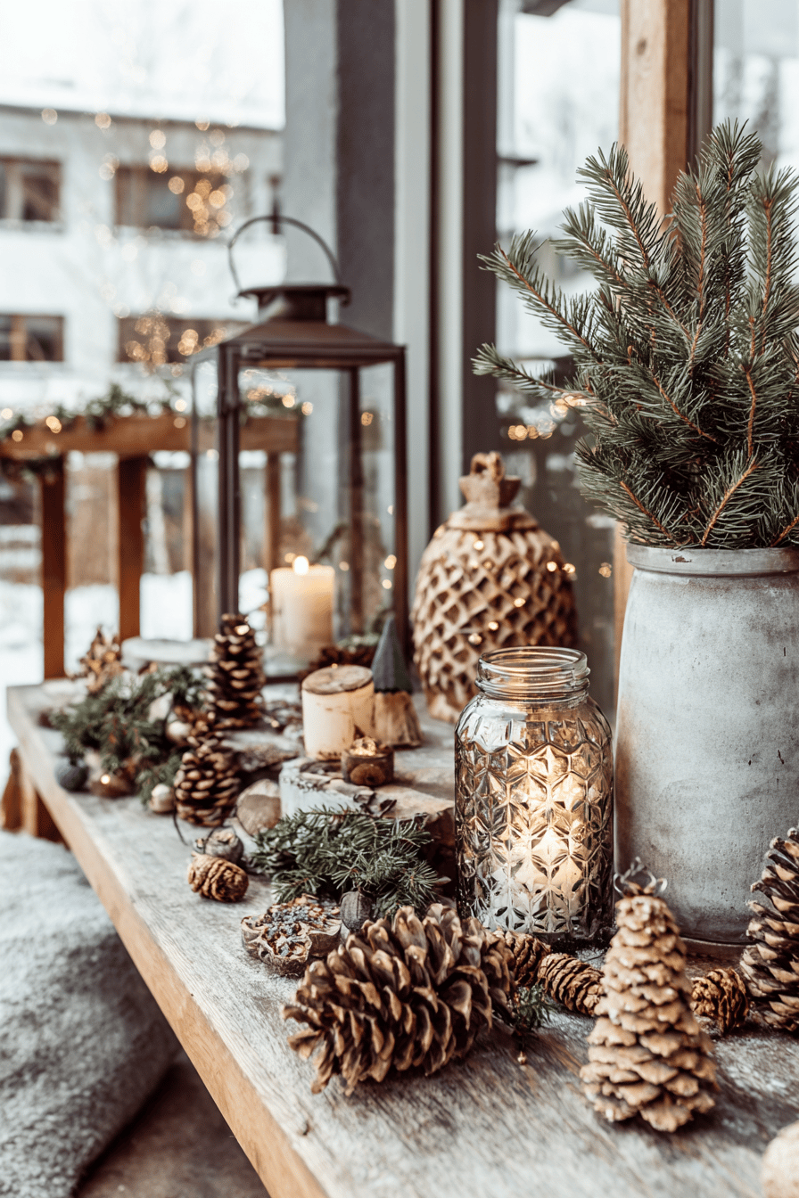 Stimmungsvolle Weihnachtsdeko mit Kerzen, Tannenzapfen und Tannenzweigen auf einem Holztisch im Außenbereich