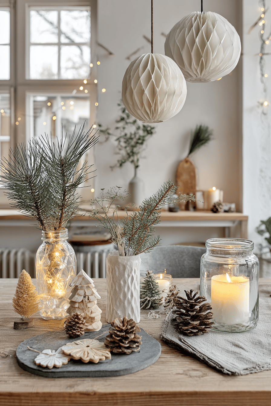 Winterliche Tischdekoration mit Naturmaterialien, Kerzen und Bastelarbeiten in einem gemütlichen Raum