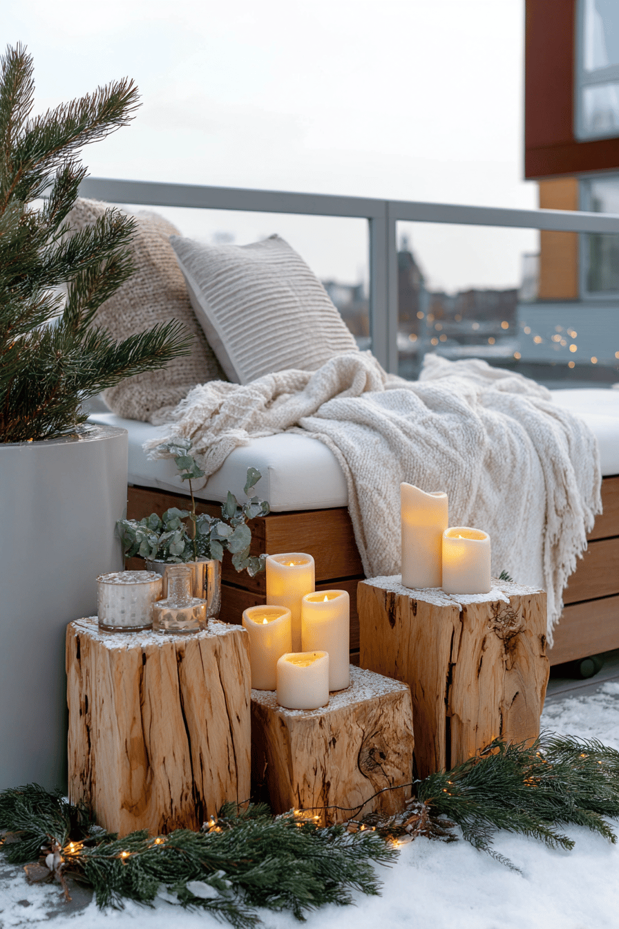 Holzkerzenhalter mit LED-Kerzen auf verschneiter Terrasse neben Sofa mit Decke