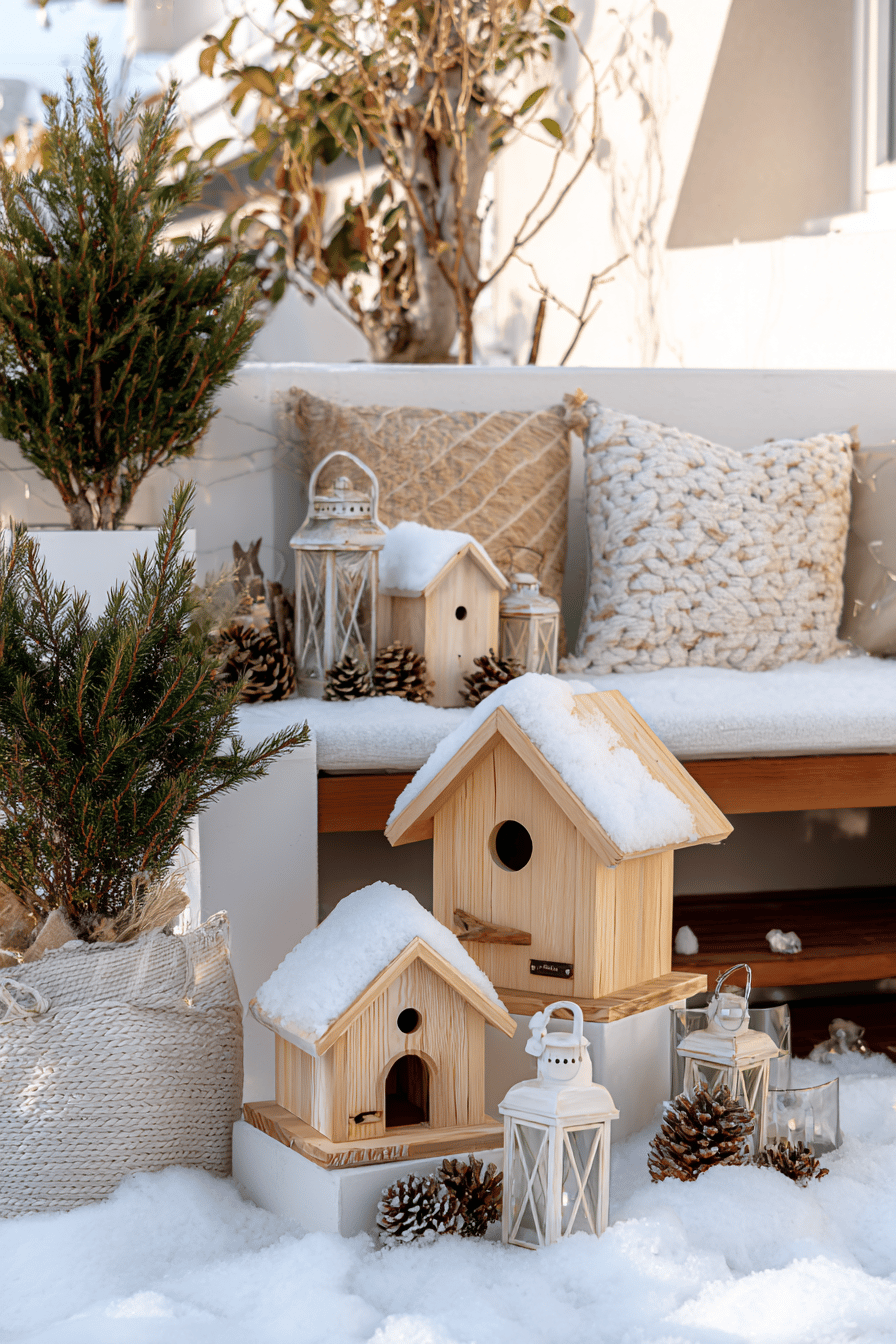 Holz-Vogelhäuser mit Schnee bedeckt, dekoriert mit Laternen, Kissen und Tannenzapfen auf winterlicher Terrasse
