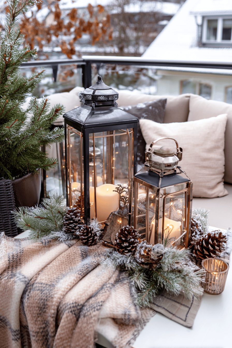 Zwei große Windlichter mit Kerzen, Tannenzweigen und Zapfen, dekorativ auf einer winterlichen Terrasse arrangiert