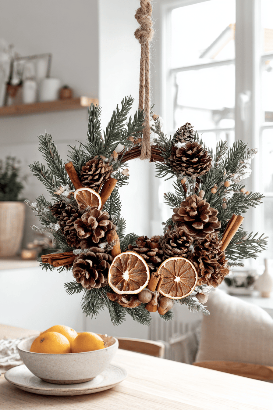 Weihnachtskranz aus Tannenzweigen, mit Zimtstangen, Orangenscheiben und Tannenzapfen dekoriert, hängt an Juteschnur im hellen Wohnraum