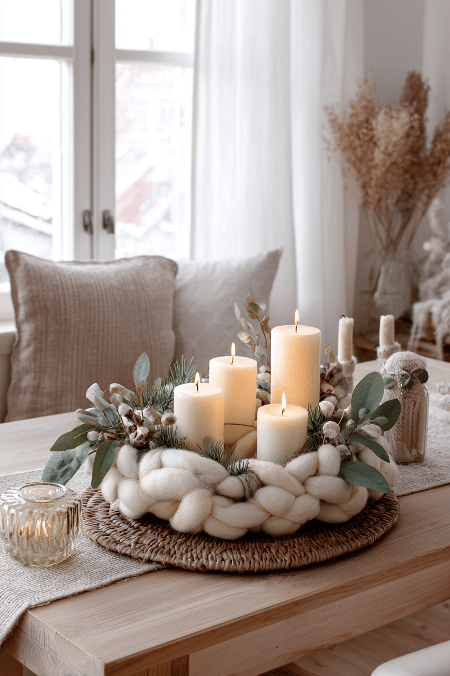 Ein handgemachter Adventskranz aus dicker, geflochtener Wolle mit vier brennenden Kerzen, dekoriert mit Eukalyptus, Tannenzweigen und getrockneten Elementen auf einem Esstisch