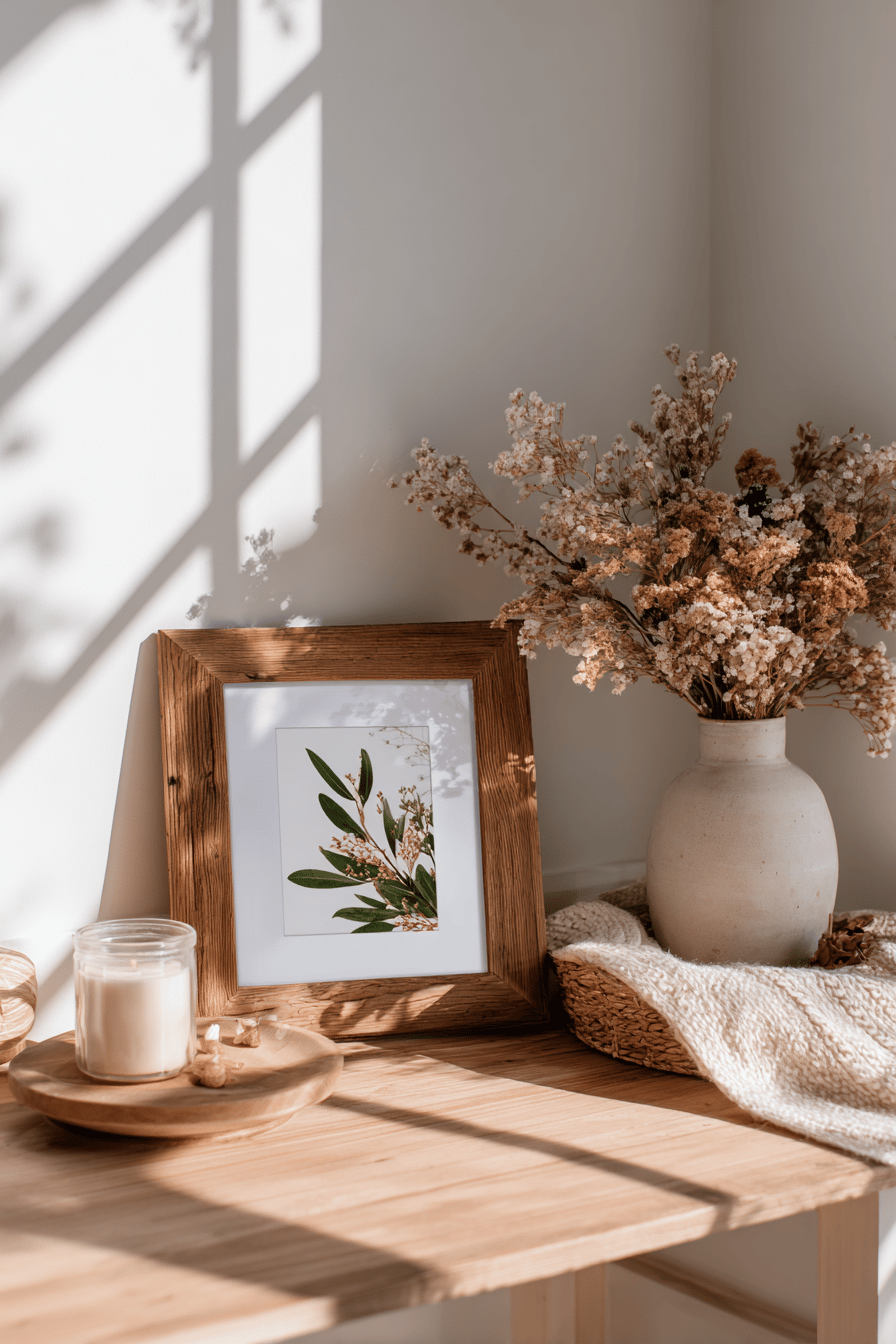 Ein Holzrahmen mit botanischem Druck, neben getrockneten Blumen und einer Kerze.