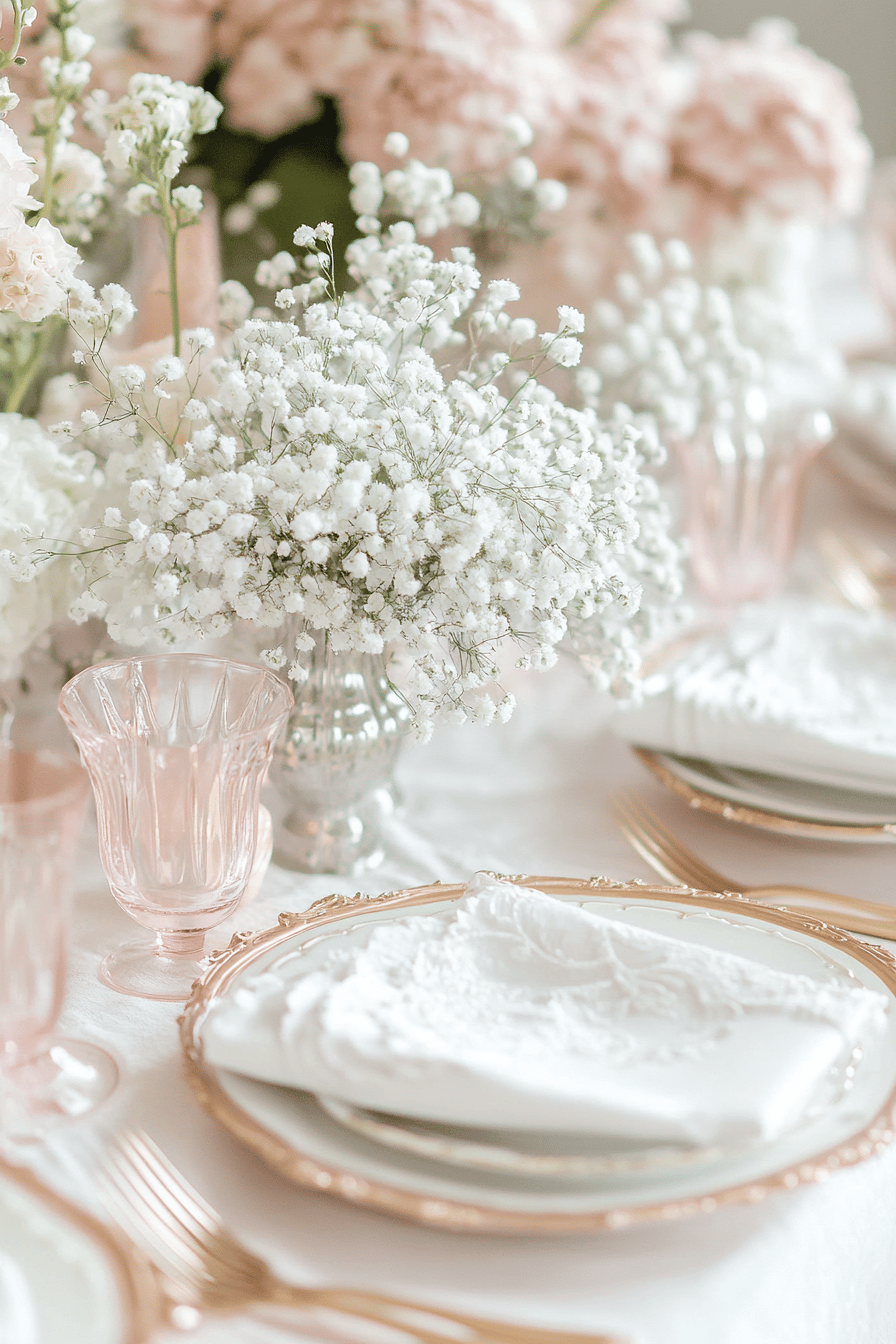 Ein Tisch gedeckt mit zartem Schleierkraut und rosa Gläsern in einer eleganten Atmosphäre.