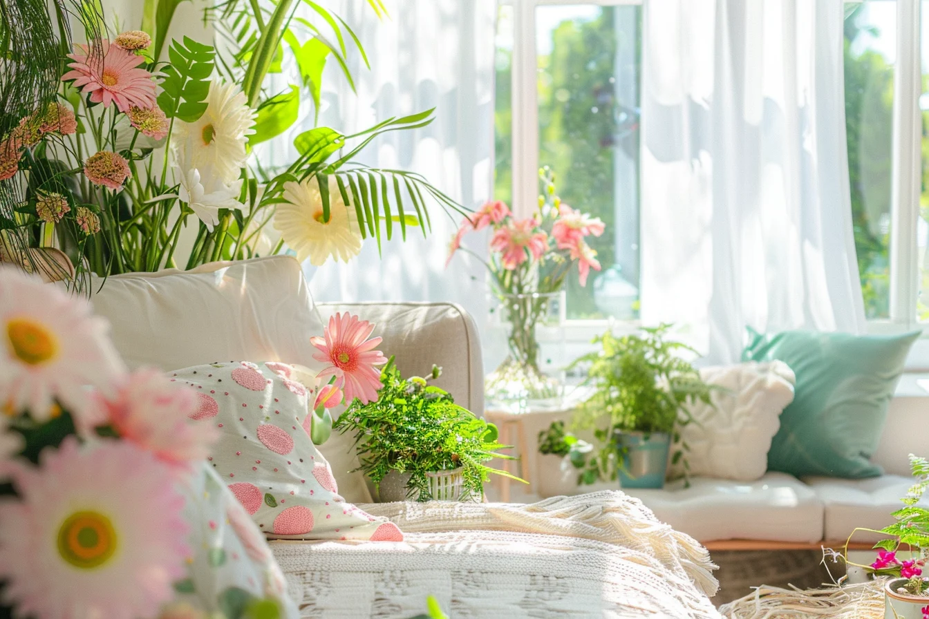 Helles Wohnzimmer mit Pflanzen und Kissen