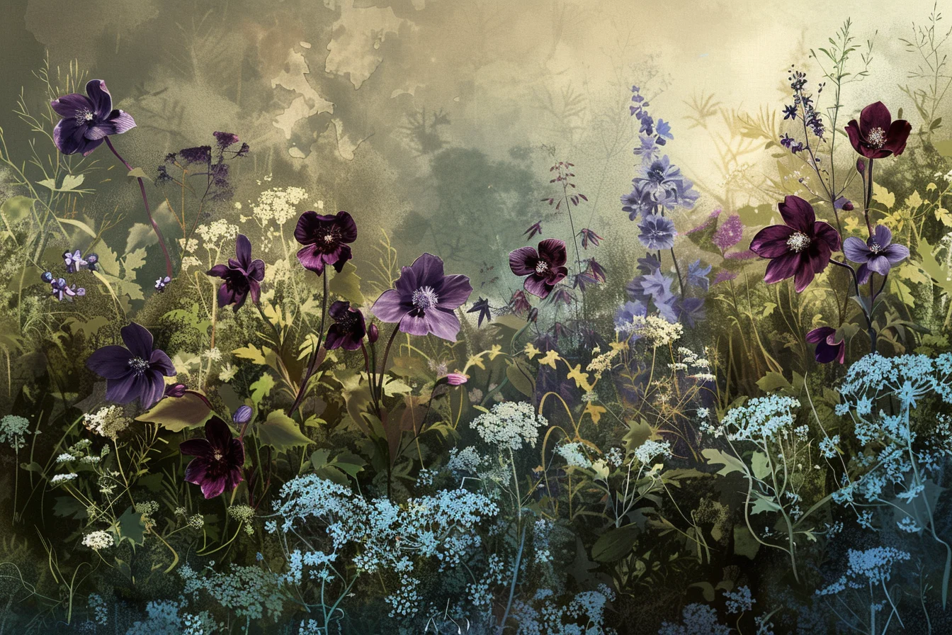 Bunte Blumenwiese vor nebligem Hintergrund