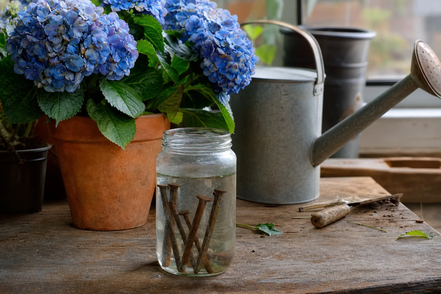 Einmachglas mit rostigen Nägeln neben einer blauen Hortensie im Topf