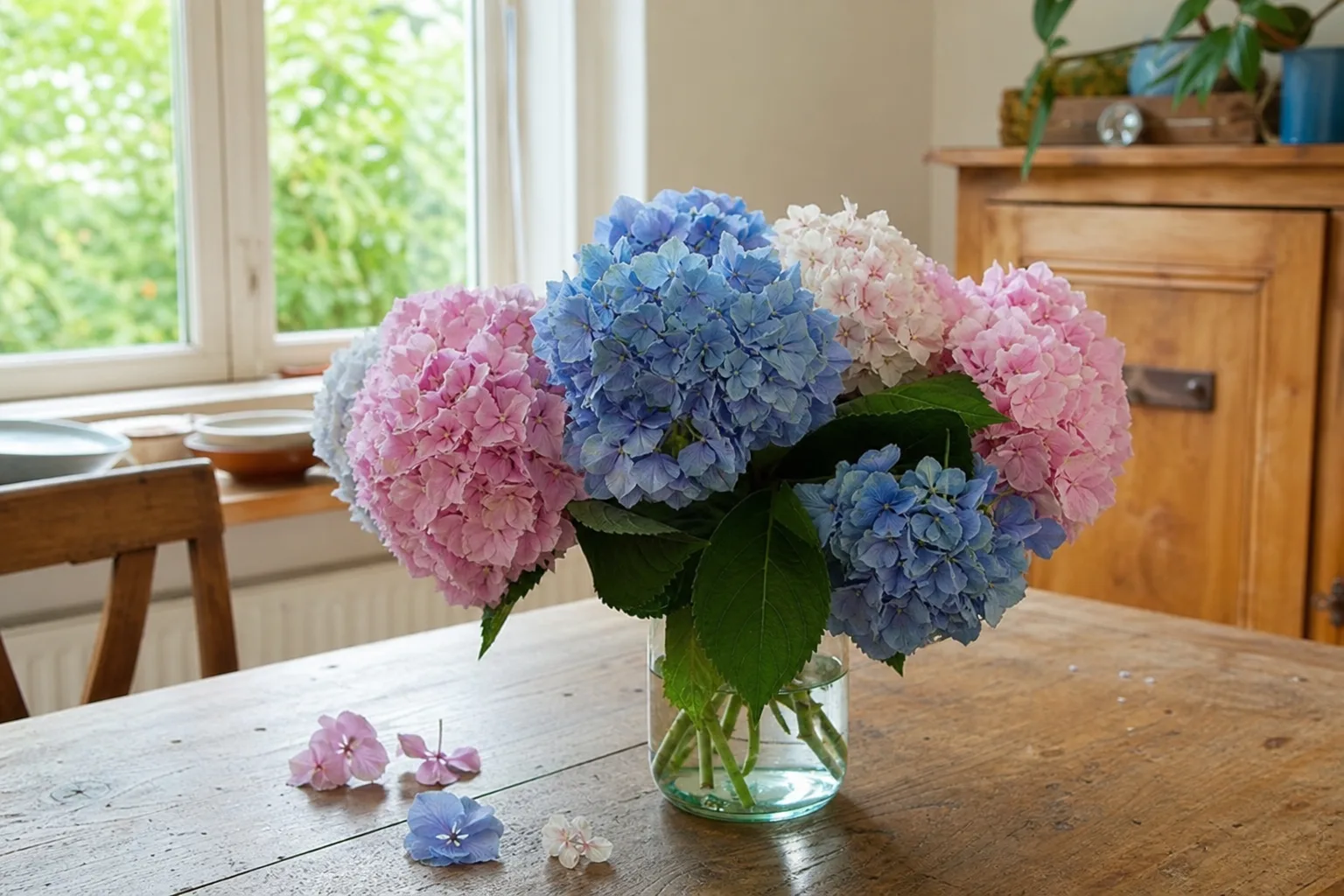 Blaue und rosa Hortensienblüten in einer Glasvase auf einem Holztisch