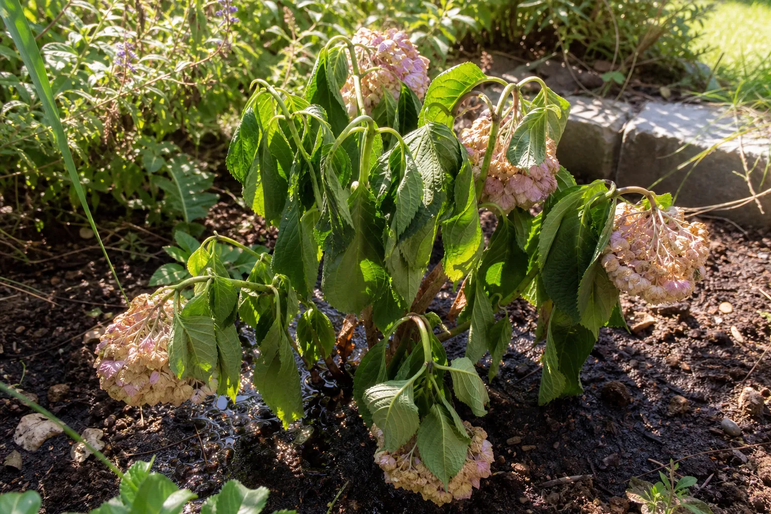 Hortensie mit herabhängenden schlaffen Blättern bei feuchtem Boden