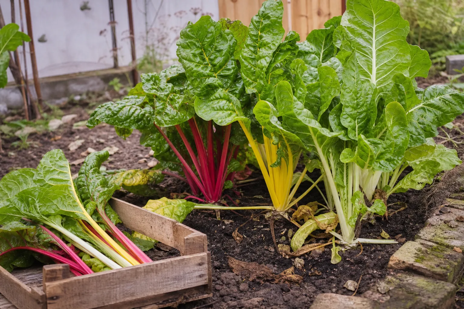 Mangold mit roten, gelben und weißen Stielen im Beet neben einer Holzkiste