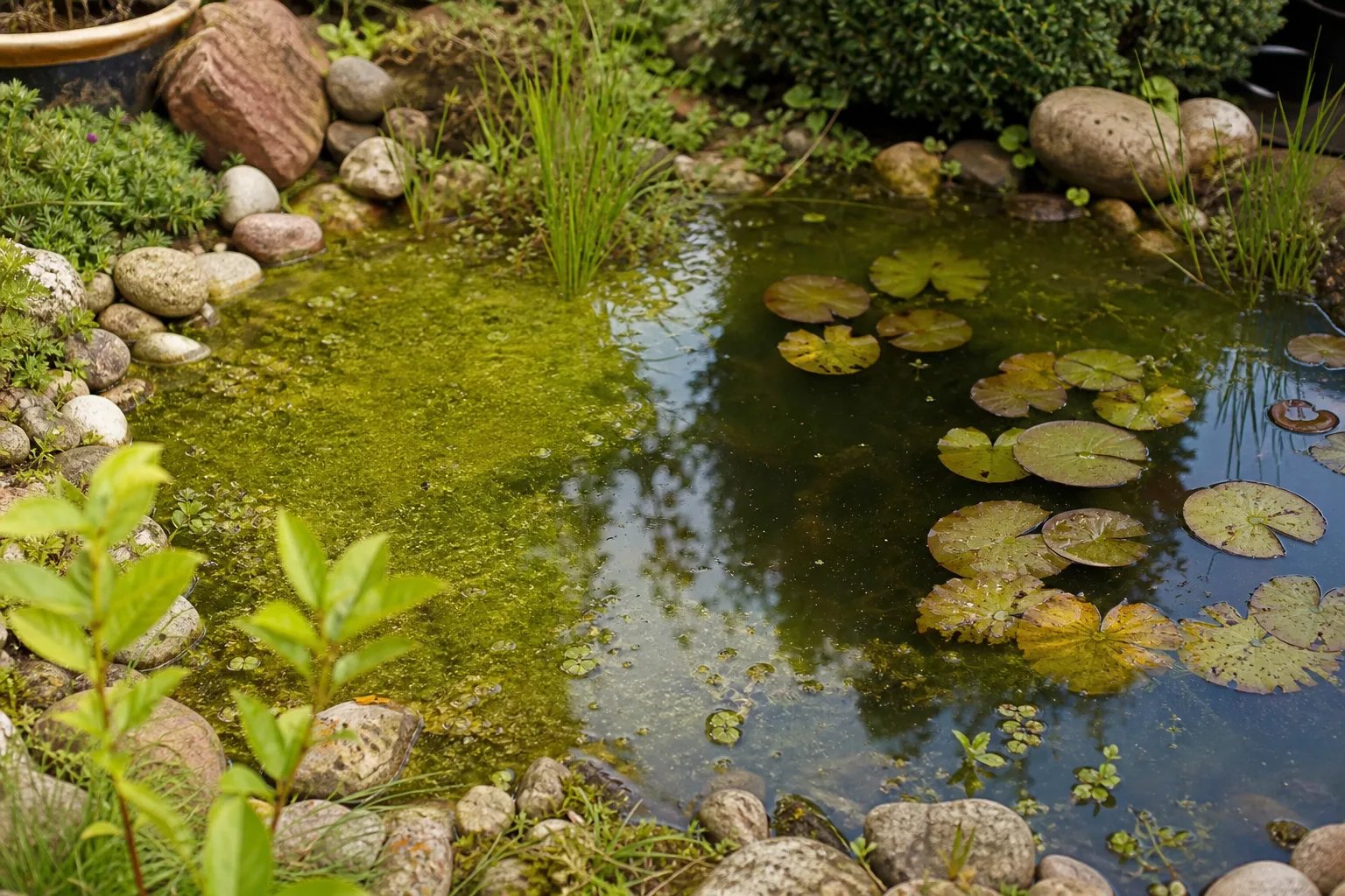 Gartenteich mit grünem Algenbewuchs am Rand und Seerosen