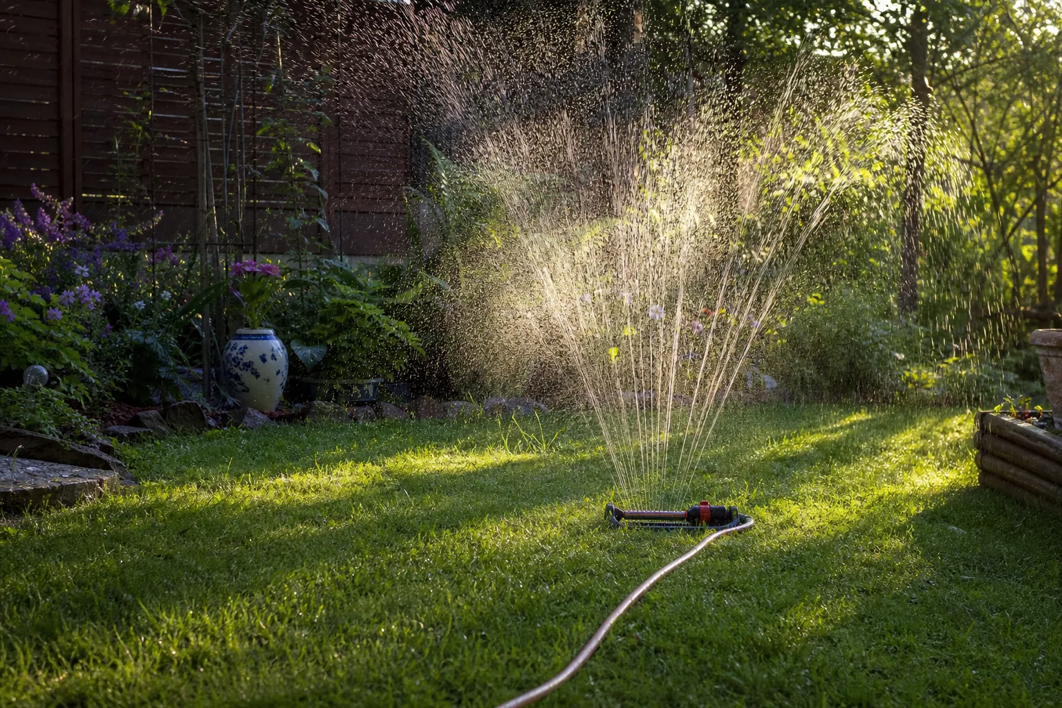 Viereckregner versprüht einen Wasserfächer über eine Rasenfläche
