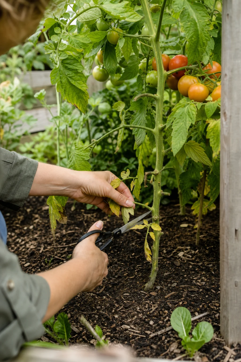 Gartenschere entfernt die untersten gelblichen Blätter einer Tomatenpflanze, das unterste Drittel des Stängels ist bereits laubfrei, dunkler Mulchboden darunter.