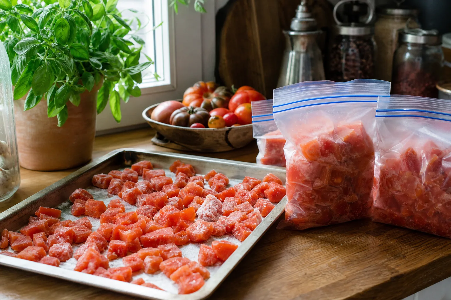 Gefrorene Tomatenwürfel auf einem Backblech, daneben zwei gefüllte und beschriftete Gefrierbeutel auf einer Küchenarbeitsplatte
