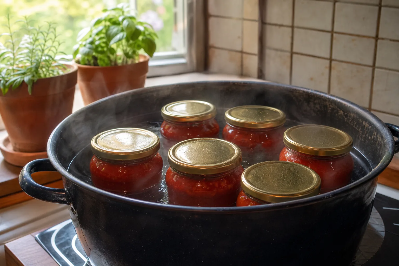 Einmachgläser mit Tomatensauce stehen im Wasserbad eines großen Einkochtopfs auf dem Herd