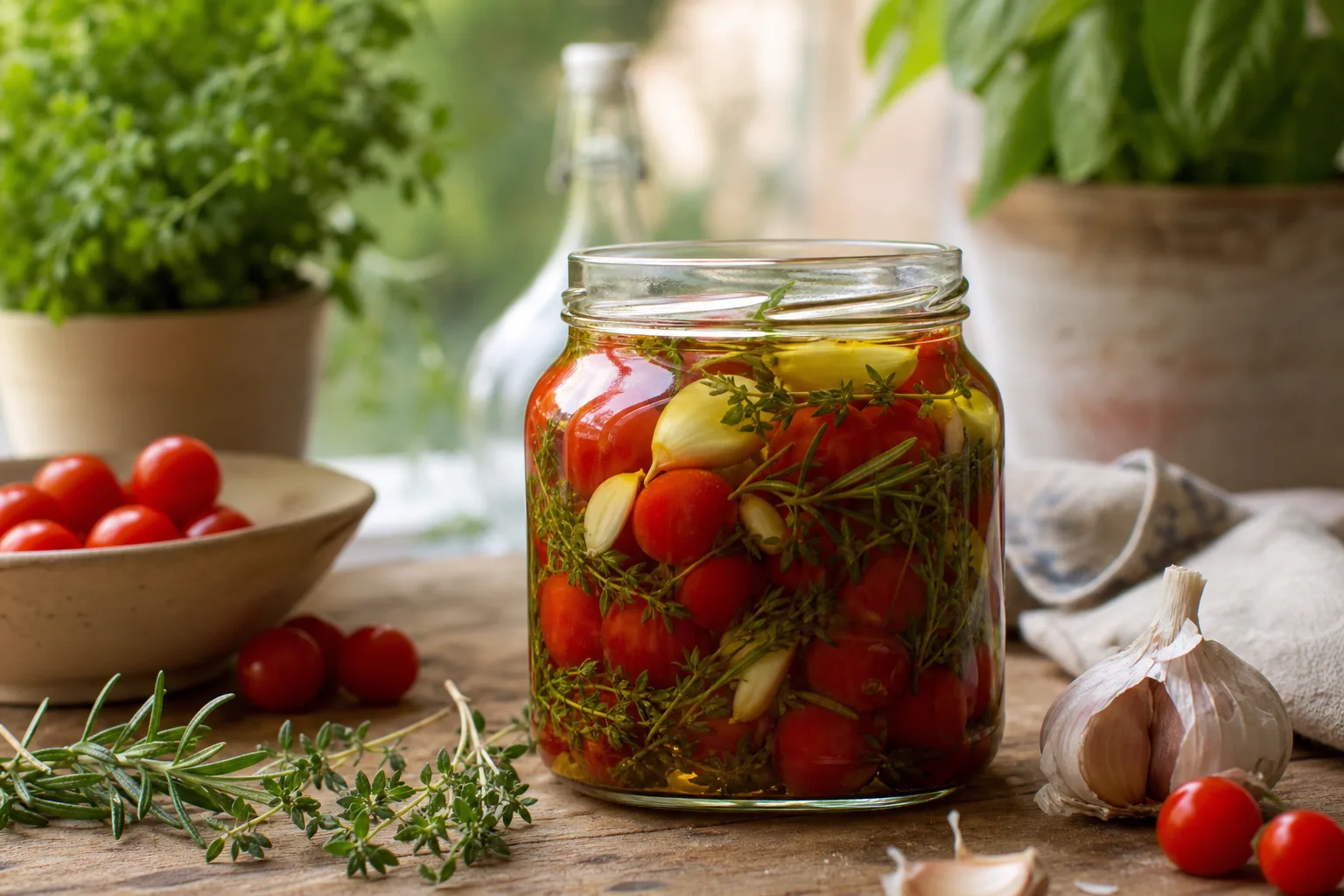 Kirschtomaten mit Knoblauchzehen und Kräuterzweigen in einem Einmachglas unter Öl, daneben frischer Thymian und Knoblauch