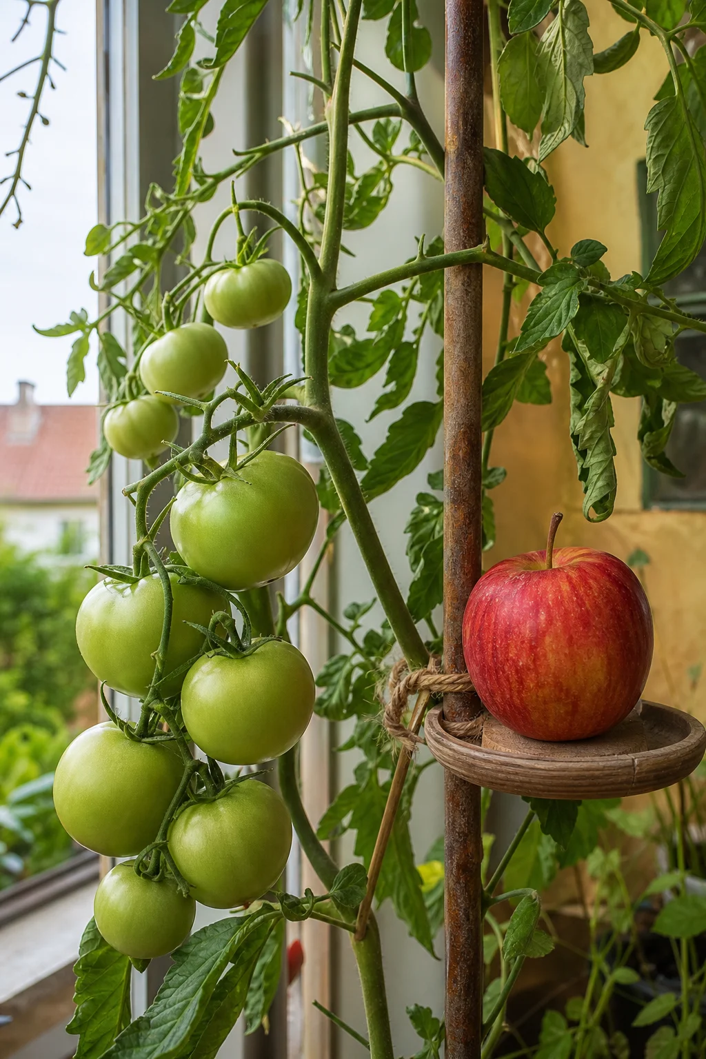 Grüne Tomatenrispe an der Pflanze, daneben hängt auf einer kleinen Holzschale ein reifer roter Apfel als Ethylen-Spender.