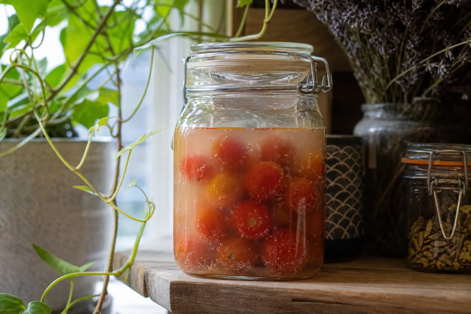 Kirschtomaten liegen in trüber Salzlake in einem Bügelglas mit Glasgewicht, kleine Bläschen steigen auf