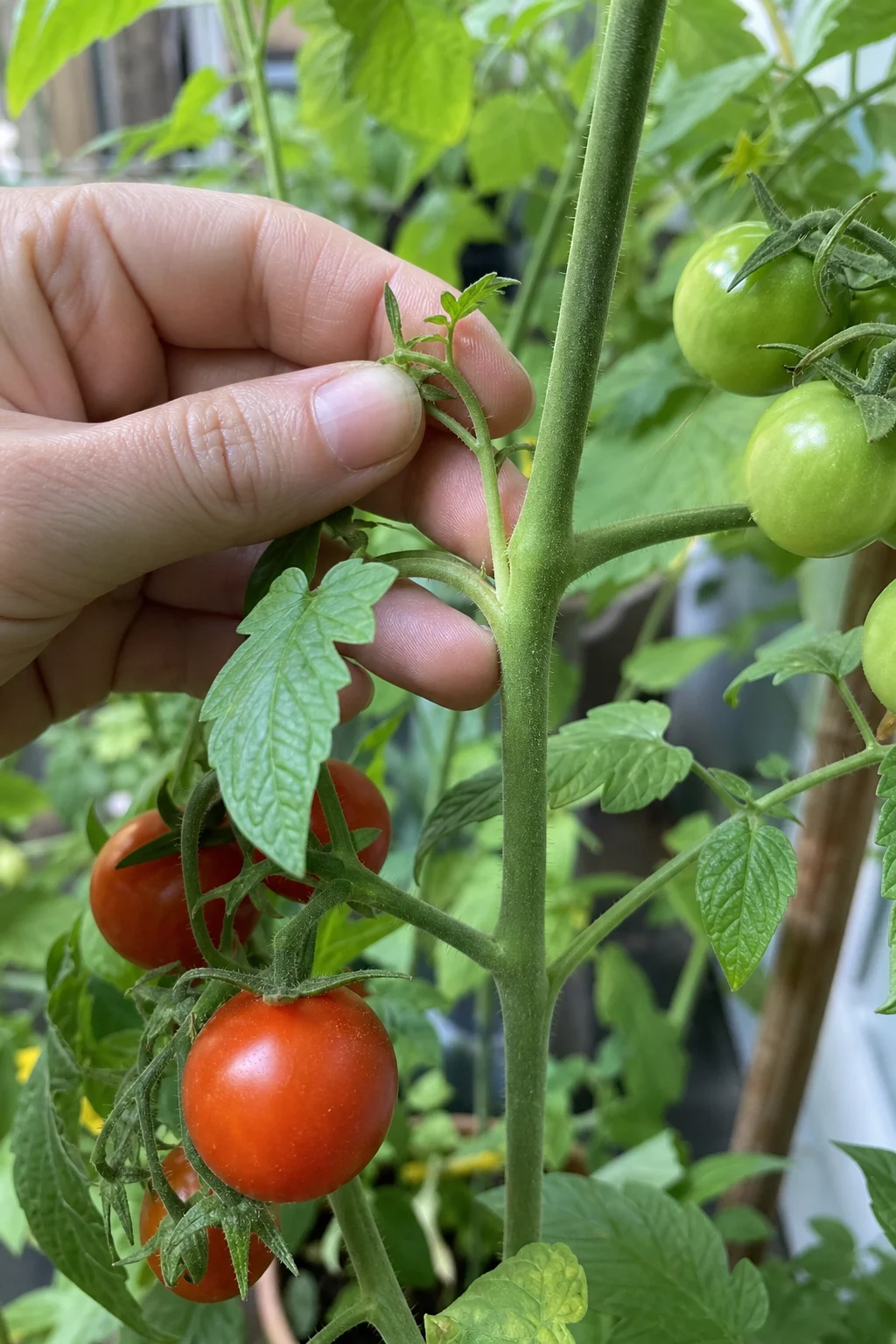 Finger einer Gärtnerin kneifen einen Geiztrieb aus der Blattachsel einer Tomatenpflanze, an der gleichzeitig rote und grüne Früchte hängen, im Spätsommer.