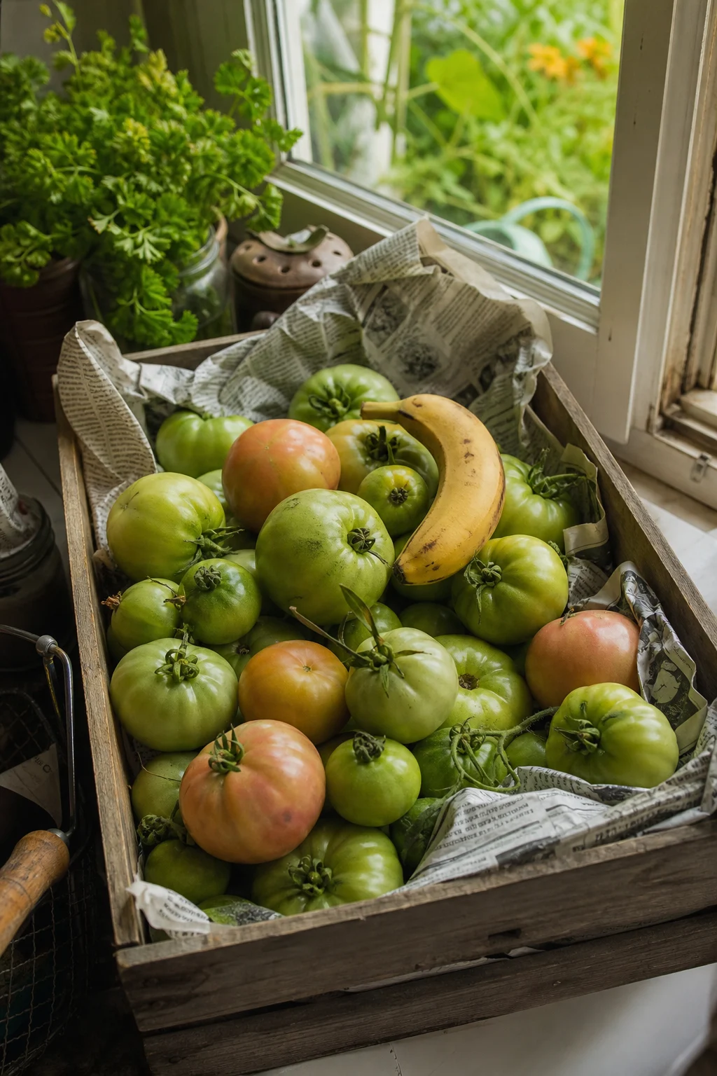 Holzkiste auf einer Fensterbank in einer deutschen Küche, gefüllt mit grünen und gerade rötlichen Tomaten zwischen Zeitungspapier, dazwischen liegt eine reife Banane.