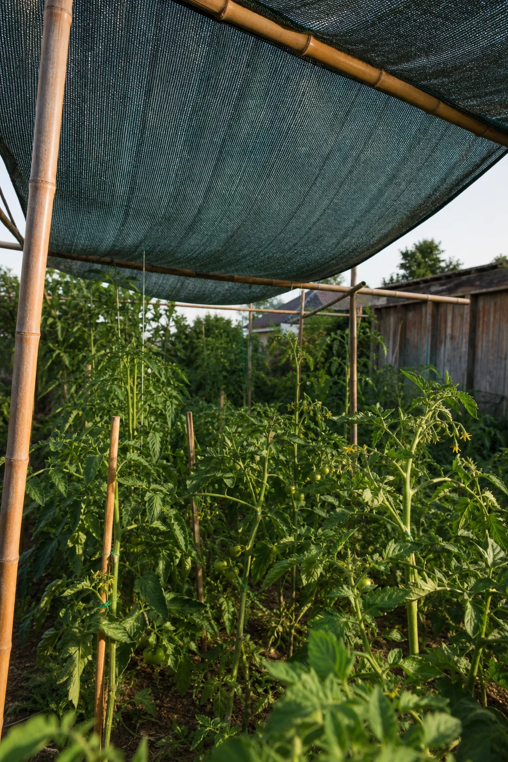 Tomatenpflanzen stehen unter einem über Bambusstangen gespannten Schattennetz mit etwa 30 Prozent Lichtdurchlässigkeit während einer Hitzewelle im Garten.