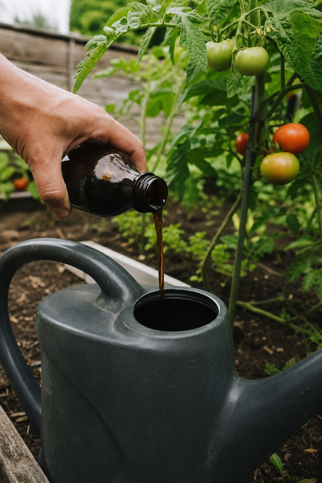 Hand gießt kaliumbetonten Tomatendünger aus einer braunen Flasche in eine Gießkanne neben einer Tomatenpflanze im Garten.