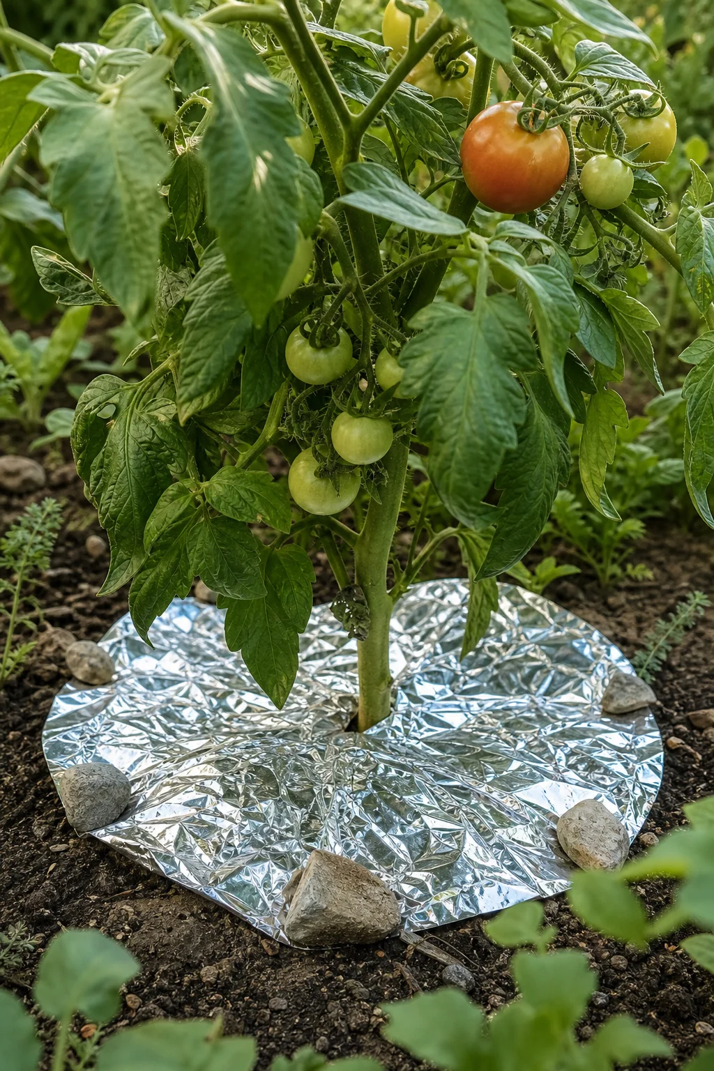 Tomatenpflanze mit halbkreisförmig um den Stamm ausgelegter Aluminiumfolie, glänzende Seite nach oben, mit kleinen Steinen beschwert, das Licht reflektiert auf die unteren Fruchtrispen.