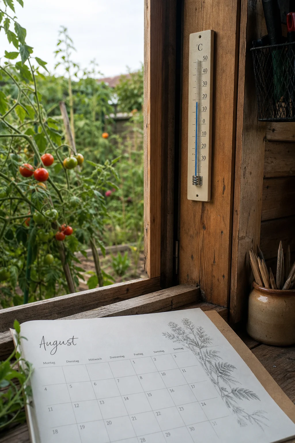 Aufgeschlagener Wandkalender mit dem Monat August in einem Gartenhaus, durch das offene Fenster sind Tomatenpflanzen und ein Thermometer mit etwa 18 Grad Celsius zu sehen.