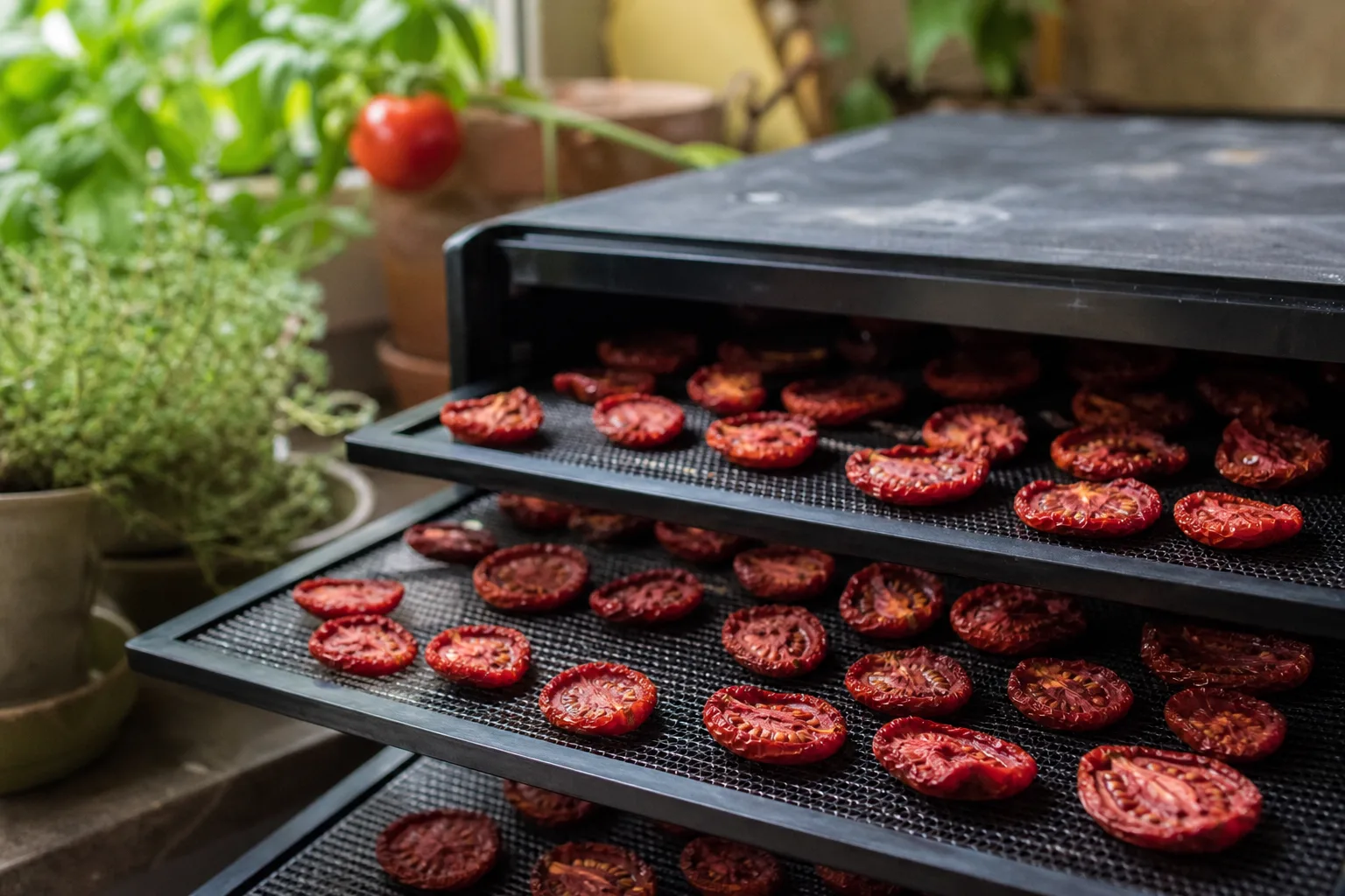 Halbierte Tomaten liegen geschrumpft und dunkelrot auf den Gittereinschüben eines Dörrautomaten