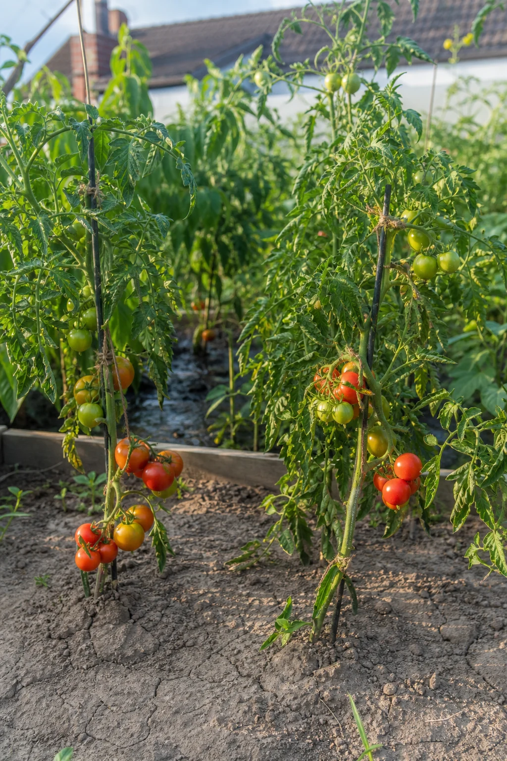 Zwei Tomatenpflanzen nebeneinander mit sichtbar trockenerem rissigem Boden im Vordergrund und feucht gegossenem Beet im Hintergrund, daran rote und grüne Früchte.