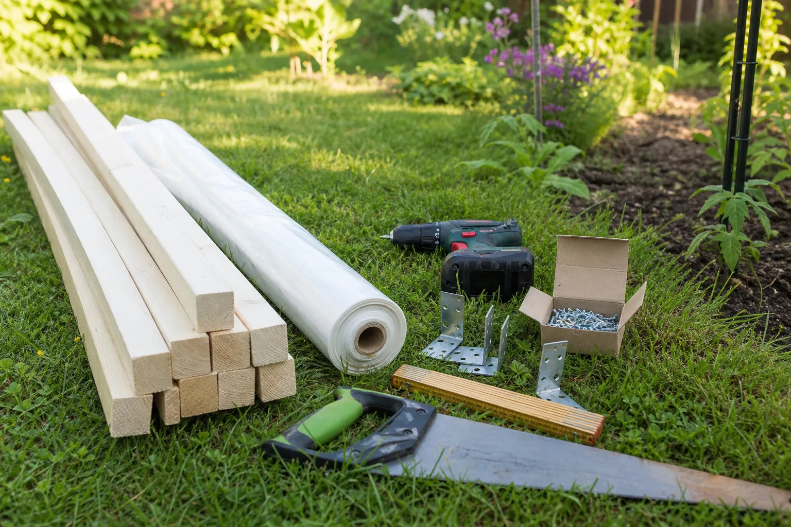Material für ein Tomatendach auf dem Rasen ausgelegt: Kanthölzer, eine Rolle klare Gewächshausfolie, Akkuschrauber, Winkel, Schrauben, Zollstock und Handsäge