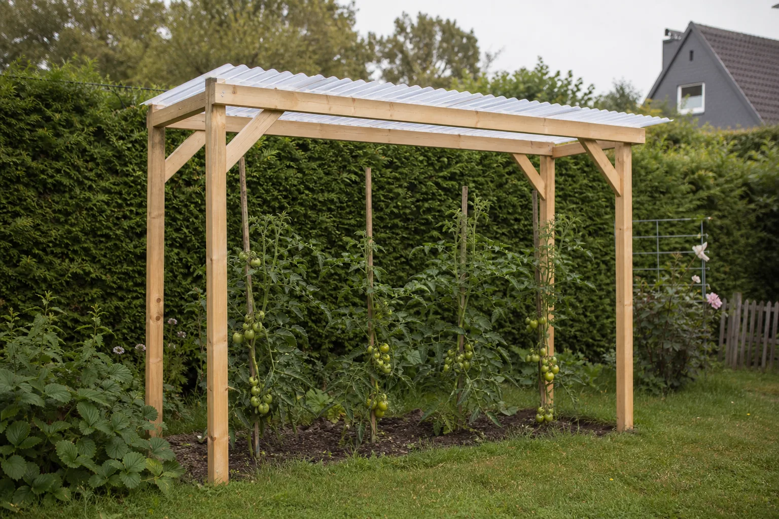 Selbst gebautes Tomatendach: ein etwa zwei Meter hohes Holzgerüst mit lichtdurchlässigen Wellplatten als Dach, die Seiten offen, darunter vier aufgebundene Tomatenpflanzen