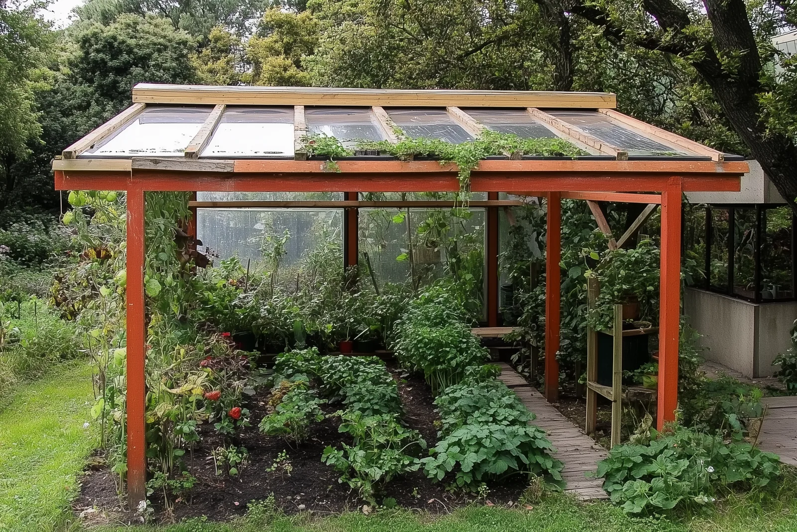 Kleines Gewächshaus mit Pflanzen im Garten
