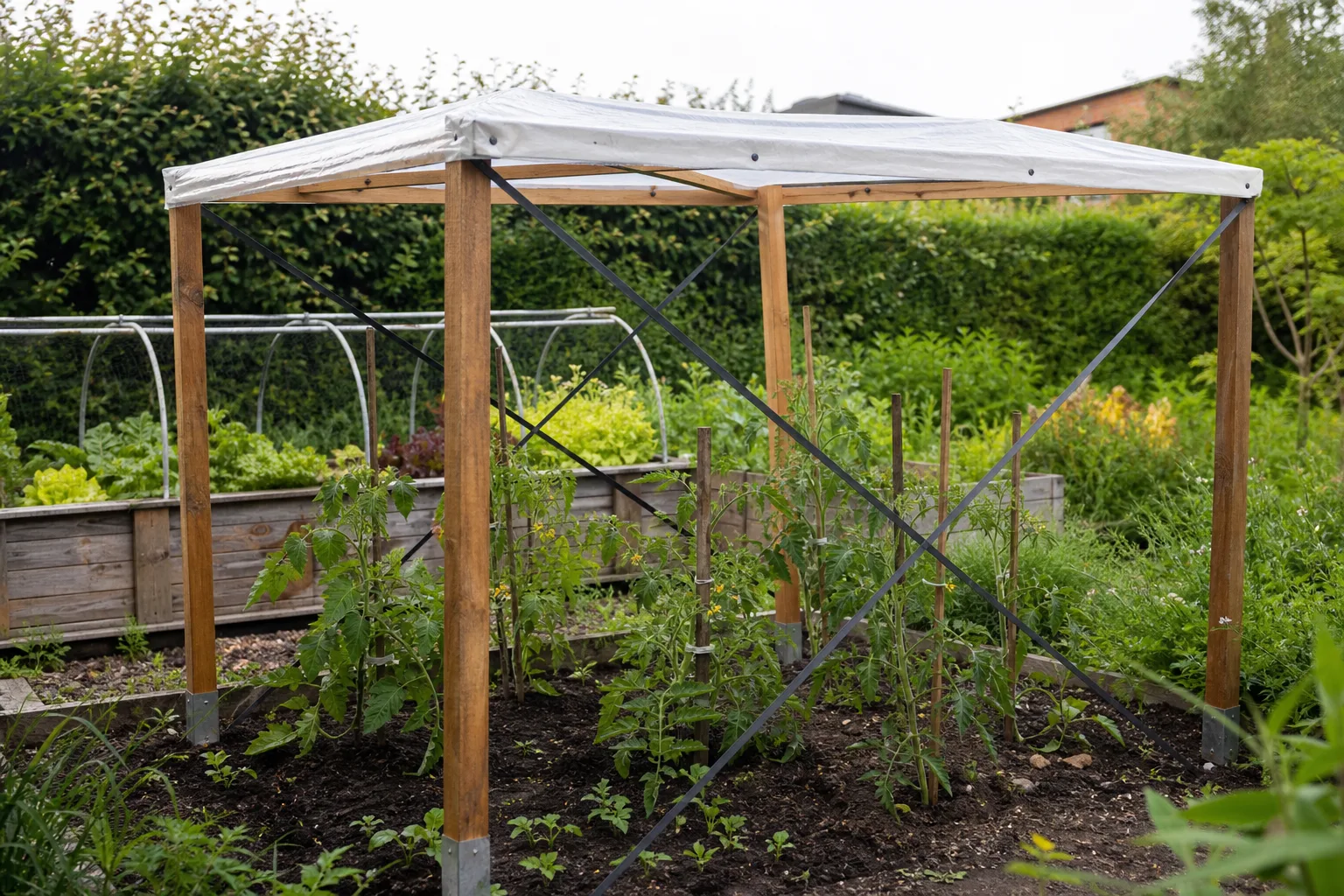Leichtes, verstrebtes Tomatendach: schlanke Holzlatten in verzinkten Bodenhülsen, diagonale Palettenbänder als Aussteifung, darüber eine helle Folie als Regenschutz