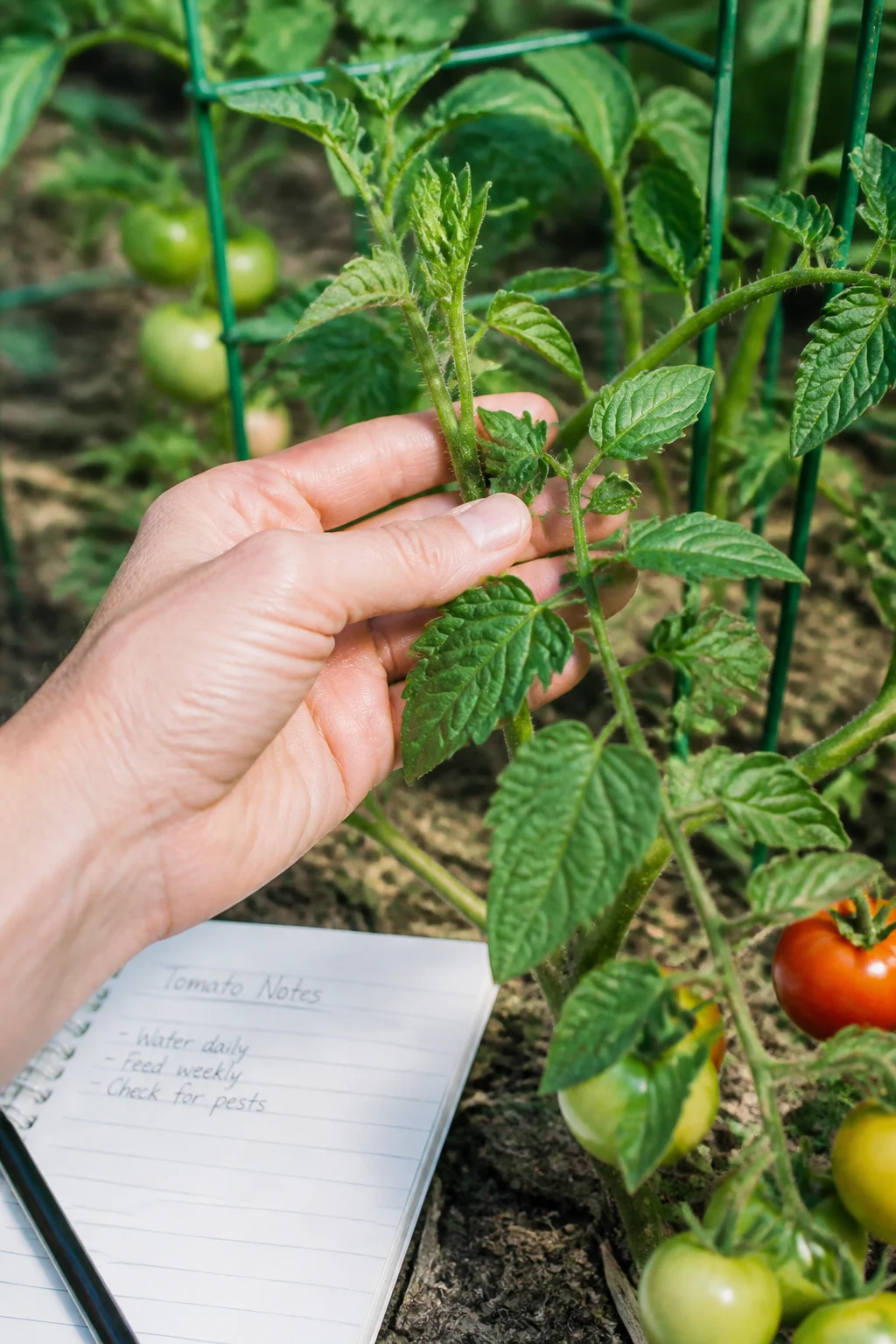Hand kontrolliert Tomatenpflanze auf Schäden