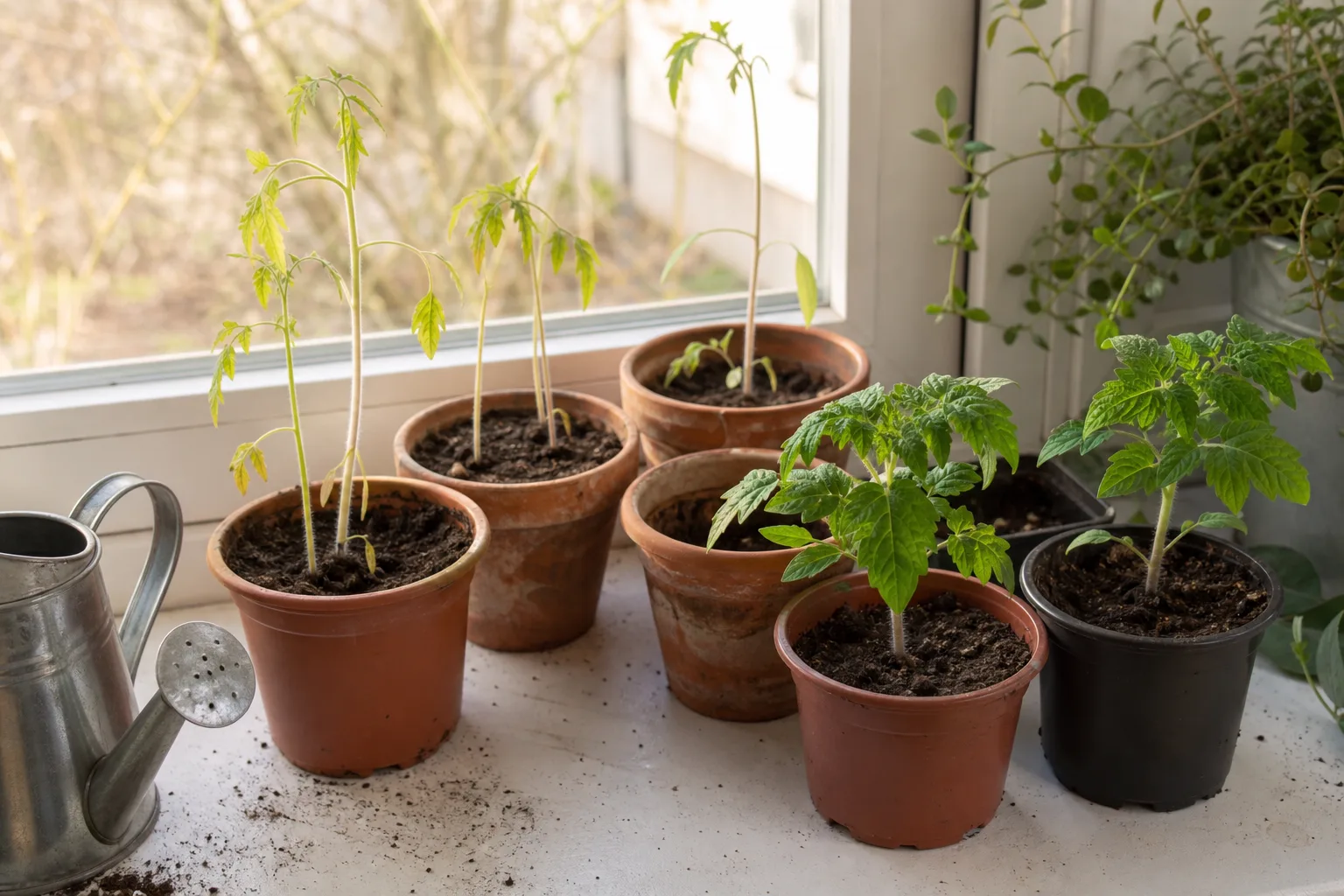 Junge Tomatenpflanzen in Töpfen auf einer Fensterbank, einige davon vergeilt und schwach